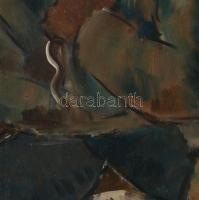 Abrudán Péter (1907-1979): Rönkhúzók. Olaj, karton, jelezve balra fent. Kétoldalas mű, hátoldala táj...