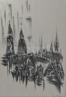 Gross-Bettelheim Jolán (1900-1972): Nagyvárosi látkép. Litográfia, papír, jelzett. Üvegezett fakeret...