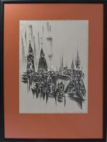 Gross-Bettelheim Jolán (1900-1972): Nagyvárosi látkép. Litográfia, papír, jelzett. Üvegezett fakeret...