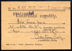 1943 Kimaradási engedély 701/17. kiegészítő mukásszázad munkaszolgálatos katona részére