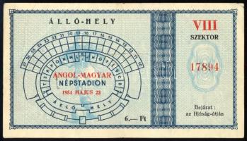1954 belépőjegy a Népstadionba az Angol-Magyar football-mérkőzésre (a meccs a híres 6:3 visszavágója volt és Magyarország 7:1 arányban nyert).  / Ticket for the football match Hungary vs England. The aftermath of the London triumph of the Golden Team