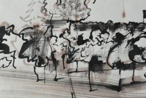 Neuberger István (1953-): Házvégek, 2003. Tus, toll, papír. Jelzett. 30x42 cm