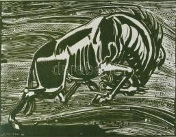 Neuberger István (1953-): Csökönyös ló, 2002. Linómetszet, papír. Jelzett. Művészpéldány EA 6/10 számozással. 30x42 cm