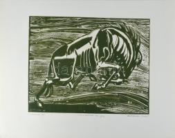 Neuberger István (1953-): Csökönyös ló, 2002. Linómetszet, papír. Jelzett. Művészpéldány EA 6/10 szá...