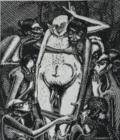 Neuberger István (1953-): Viktória, 1988. Linómetszet, papír. Jelzett. II/10 számozással. Párdarabja kiállítva: 1988 Groteszk Art. Kungl György, keramikusművész, Gerber Pál, festőművész, Varkoly László festőművész, Neuberger István festőművész, Szunyogh László szobrászművész, Hérics Nándor grafikusművész, Lois Viktor szobrászművész kiállítása. Tatabáya, 1988, Kernstok Terem, reprodukálva a katalógusban. Lapszéli kisebb elszíneződéssel. 42x37 cm