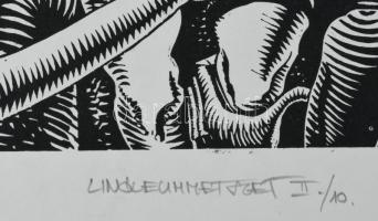 Neuberger István (1953-): Viktória, 1988. Linómetszet, papír. Jelzett. II/10 számozással. Párdarabja...