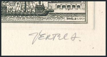 Vertel József (1922-1993): Visegrád Mátyás király korában. Rézkarc, papír, jelzett, 5x14,5 cm