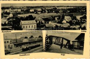 Komárom, Komárno; látkép zsinagógával, vasútállomás, vonat, hídfő, vámsorompó, határőrök / general view with synagogue, railway station, train, bridge, toll gate,border guards (EK)