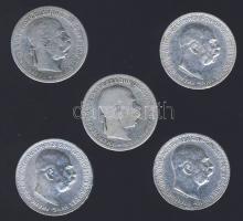 Ausztria 1893.,1894. 1K Ag T:3 + 1915. 1K Ag T:3/2 + 1916. 1K Ag (2x) T:2+/3+ összesen 5db