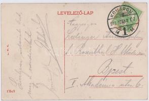 1912 Komárom, Komárno; Ferenc József rakpart, Sport kávéház, Fritz P. üzlete, lovaskocsi. L.H.K. / s...