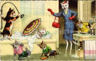 1958 Bathing cats. Alfred Mainzer - modern postcard (EB)
