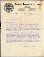 1925 Az Amerikai Munkásszövetség (American Fedaration of Labor, rövidítve: AFL) fejléces levele Altai (Altay) Margit (Altai Rezsőné, Gomperz Margit) (1881-1972) ifjúsági író részére, Florence Calvert Thorne (1877-1973) munkajogi aktivista autográf aláírásával + Samuel Gompers, az AFL alapítója és volt elnöke halálozási értesítője