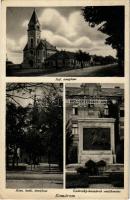 Komárom, Komárno; Református templom, Római katolikus templom, M. kir. Frigyes főherceg laktanya, Radetzky huszárok emlékműve. Hacker Dezső kiadása / Calvinist church, Catholic church, Hungarian military barracks, hussars' monument (EK)