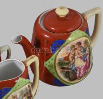 Victoria zsánerjelenetes 3 részes szervírozó készlet, jelzett, kopással, m: 15 cm