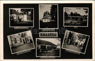 Kraszna, Crasna; Báró Győrffy kastély és villa, híd, Hangya szövetkezet, Nagy Sándor és Major István üzlete. Stiglitz Barna kiadása / castle, villa, bridge, shops