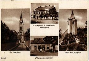 Levél, Kaltenstein; Evangélikus templom, Földmívesszövetkezet, Községháza a szövetkezeti vendéglővel, Római katolikus templom (vágott / cut)