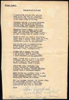 1960 Várnai Zseni (szül. Weisz Eugénia) (1890-1981) József Attila-díjas költő Magnetofon c. versének gépelt kézirata, Altai (Altay) Margit (Altai Rezsőné, Gomperz Margit) (1881-1972) ifjúsági író részére szóló, saját kezű dedikációjával