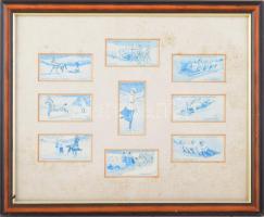 Lambert &amp; Butler's Cigarettes, télisport témájú angol cigaretta-gyűjtőképek, 9 db, paszpartuban, üvegezett fakeretben, teljes méret: 27x33 cm