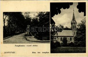 1942 Leányfalu, Római katolikus templom, templomhoz vezető sétány. Stampf Béla kiadása (EK)