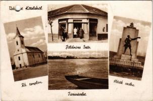 Kőtelek, Római katolikus templom, Tisza részlet, Hősök szobra, Földmívesszövetkezet üzlete és saját kiadása (lyukasztott / punched hole)