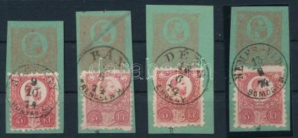 1871 Réznyomat 4 db díjjegyes kivágás 5kr díjkiegészítéssel, " BÁN / TRENCSÉN M.", " ALGYÓGY / HUNYAD M.", " DÉÉS / ERDÉLY" + " NEMES-VID / SOMOGY M."