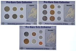 Szlovénia 1992-2005. 10sz-50T (9xklf) forgalmi összeállítás "Euró előtti érmegyűjtemény" + Ciprus 1993-2004. 1c-50c (6xklf) forgalmi összeállítás "Az utolsó nemzeti érmék" + Szlovákia 2002-2007. 10h Al - 10K Cu-Al-Ni (7xklf) forgalmi összeállítás, "Szlovákia utolsó nemzeti érméi" mind kartonlapon T:UNC kis patina Slovenia 1992-2005. 10 Stotinov - 50 Tolarjev (9xdiff) coin set "Pre-Euro Coin Collection" + Cyprus 1993-2004. 1 Cent - 50 Cents (6xdiff) coin set "The Last National Coins" + Slovakia 2002-2007. 10 Halierov Al - 10 Korun Cu-Al-Ni (7xdiff) coin set on a "The Last National Coins of Slovakia" all in cardboard C:UNC small patina