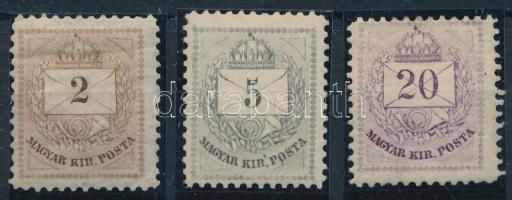 1874 3 klf Zárday-féle próbanyomat: 2kr barnáslila, 5kr szürke és 20kr világoslila