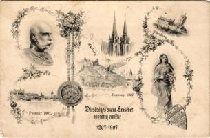 1207-1907 Pozsony, Pressburg, Bratislava; Wartburg, Marburg, Ferenc József. Dicsőséges Szent Erzsébet asszony emlékére. Szent Erzsébet Jubileumi Bizottság kiadása / Franz Joseph, 700th anniversary of the birth of Saint Elizabeth of Hungary. Art Nouveau, floral (EM)