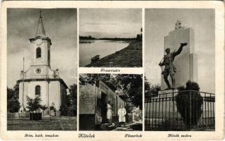 Kőtelek, Római katolikus templom, Hősök szobra, Tisza részlet, Fűrszerbolt, Peszeki Istvánné üzlete (EB)