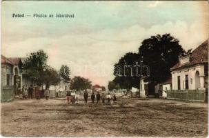 Feled, Feledince, Veladín, Jesenské; Fő utca az iskolával. Vasúti levelezőlapárusítás 4328. / main street, school (gyűrődések / creases)