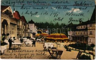 1918 Újtátrafüred, Neu-Schmecks, Novy Smokovec (Magas-Tátra, Vysoké Tatry); kávéház, terasz pincérekkel / café, terrace with waiters (kis szakadás / small tears)