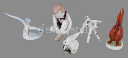 5 darab magyar porcelán figura, közte Zsolnay nyúl. Jelzett, hibátlan.