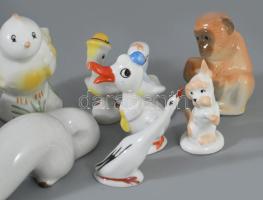 9 darab porcelán állatfigura, közte Pollone majom