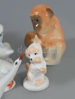 9 darab porcelán állatfigura, közte Pollone majom