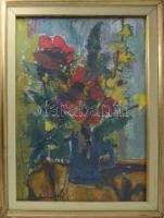 Sarkantyu Simon (1921-1989): Csendélet. Olaj, farost. Jelzett. Hátoldalán Képcsarnok Vállalat címkéjével. 70x50 cm. Üvegezett fakeretben.