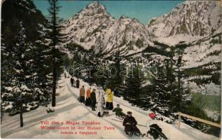 1914 Tátra, Magas-Tátra, Vysoké Tatry; Téli élet, Indulás a Tarajkáról, szánkózók / Wintersport in der Hohen Tatra / winter sport in Hrebienok, sledding start (EK)