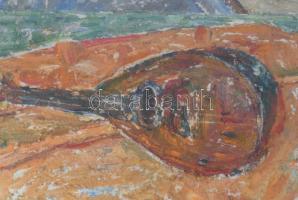 Gyelmis Lukácsné Fehér Etelka (1921-): Csendélet hangszerrel. Olaj, farost. Jelezve jobbra lent. Hát...
