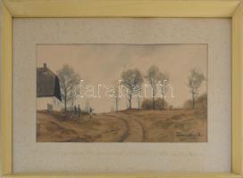 Dobroszláv Lajos (1902-1987): Faluvége. Akvarell, ceruza, papír, jelezve jobbra lent, üvegezett keretben, hátoldalán Képcsarnok Vállalat címkéivel, 24×45,5 cm.