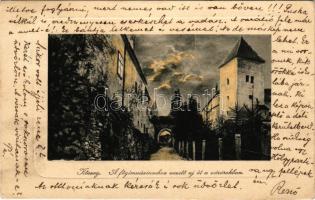 1910 Kőszeg, A főgimnáziumhoz vezető új út a várárokban, este holdfényben. Róth Jenő kiadása (EK)