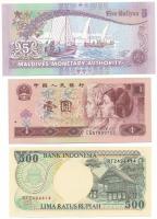 Vegyes: Indonézia 1992. 500R "RTZ494414" + Kína 1996. 1Y "CQ57899752" + Maldív-szigetek 2000. 5R "F0923253" T:UNC,AU Mixed: Indonesia 1992. 500 Rupiah "RTZ494414" + China 1996. 1 Yuan "CQ57899752" + Maldives 2000. 5 Rufiyaa "F0923253" T:UNC,AU