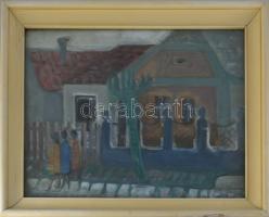 Ballagó Imre (1915-1997): Utcarészlet. Vegyes technika, papír, jelzett. Hátoldalán Képcsarnok Vállalat címkéjével. Üvegezett fakeretben. 40×50 cm