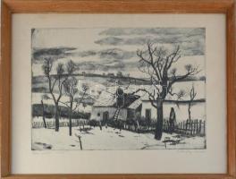 Szalóky Sándor (1921-1978): Téli udvar. Rézkarc, papír, jelzett, számozott (100/85), üvegezett fakeretben, 29,5×39,5 cm