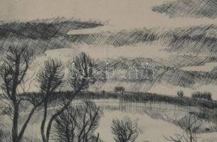 Szalóky Sándor (1921-1978): Téli udvar. Rézkarc, papír, jelzett, számozott (100/85), üvegezett faker...