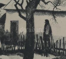 Szalóky Sándor (1921-1978): Téli udvar. Rézkarc, papír, jelzett, számozott (100/85), üvegezett faker...