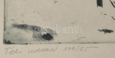 Szalóky Sándor (1921-1978): Téli udvar. Rézkarc, papír, jelzett, számozott (100/85), üvegezett faker...