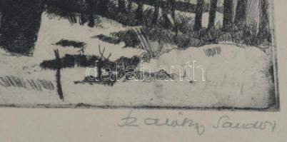 Szalóky Sándor (1921-1978): Téli udvar. Rézkarc, papír, jelzett, számozott (100/85), üvegezett faker...