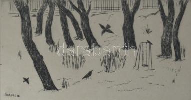 Borsos Miklós (1906-1990): Havas kert. Rézkarc, papír, jelzett, sorszámozott: 92/100, üvegezett fakeretben, 19,5x34,5 cm