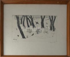 Borsos Miklós (1906-1990): Havas kert. Rézkarc, papír, jelzett, sorszámozott: 92/100, üvegezett fake...