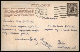 1929 London, Neubauer Gyula (1943-tól Abay Gyula) (1891-1978) közgazdász, statisztikus, miniszteri tanácsos, egyetemi tanár, az MTA és a Szent István Akadémia tagja saját kezűleg megírt levelezőlapja