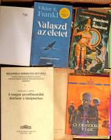 Hatalmas vegyes könyvtétel, közte filozófiai, történelemi, társadalomtudományi és jogi témájúak, de közte művészeti kötetek, és néhány szépirodalmi és sci-fi kötet is. Két banános-láda, és egy pressel.